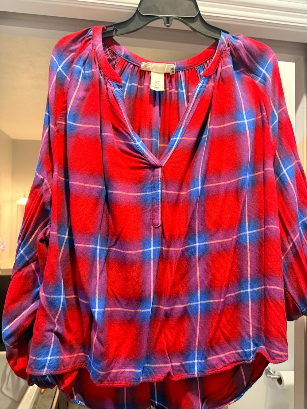 H&M Red Plaid V-Neck Tunic Top with Blue Accents
